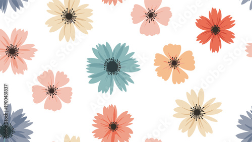 Charming seamless floral pattern features a lovely scattering of stylized daisy-like flowers in soft pastel colors, creating a cheerful spring aesthetic.