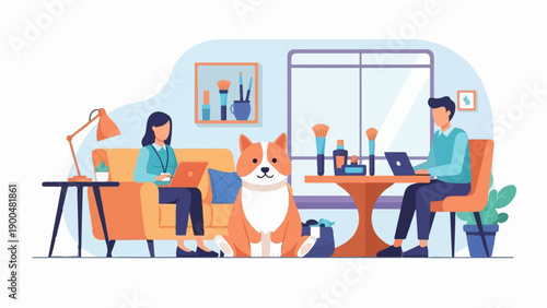 People working from home with a dog and makeup accessories