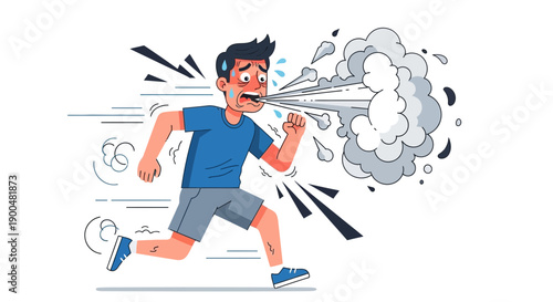 Man Sprinting Hard Breathing Heavily Stress Panic Vector Illustration