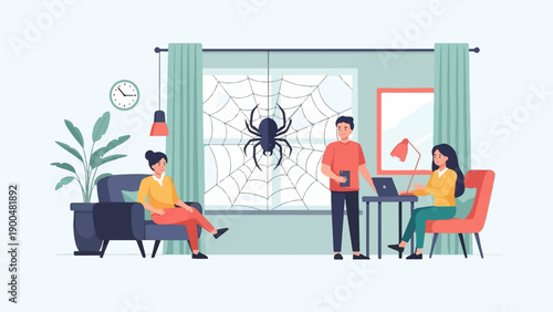 People working in a room with a large spider and web on the window