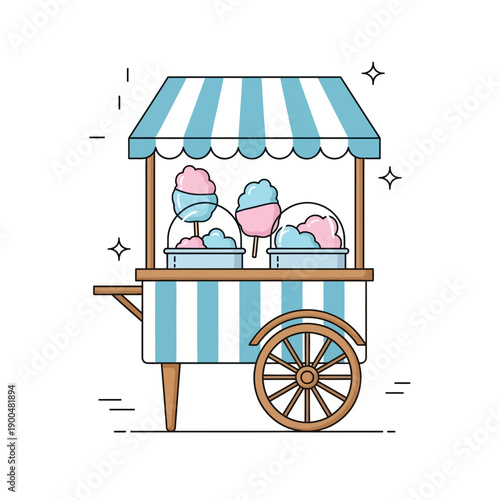Vector Cotton Candy Cart Sweet Street Food Stand Outline Illustration