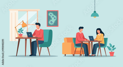 People working on laptops at home in two separate work areas