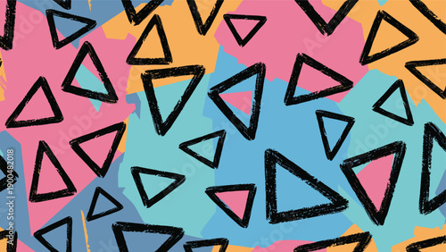 Dynamic geometric seamless pattern features bold black outline triangles overlaid on an abstract, irregular background of vibrant pink, orange, and blue shapes.