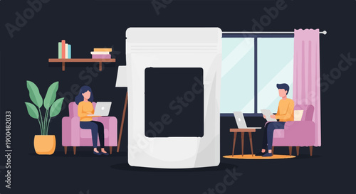 People working on laptops at home with a blank product package