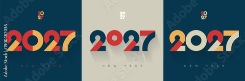 2027 New Year Modern Typography Design Set with Retro Colors and Long Shadow Style