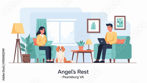 People working on laptops at home with a dog and plants in a cozy living room