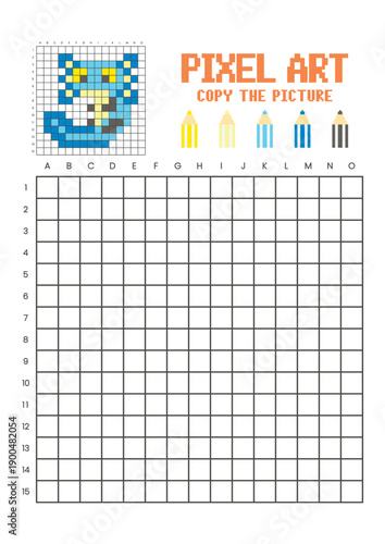 Copy the picture grid drawing worksheet for kids. Pixel art axolotl