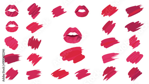 Glamorous collection of luscious lipstick kiss marks and vibrant brush strokes in a spectrum of reds and pinks, perfect for beauty designs.