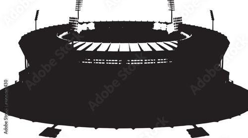 Silhouette of a massive modern soccer stadium with floodlights shining, grand scale, isolated on white.