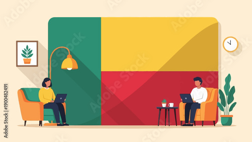 People working on laptops in a colorful room