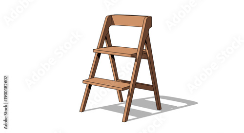 Mini wooden ladder with two steps isolated on a white background, casting a shadow, simple and clean design