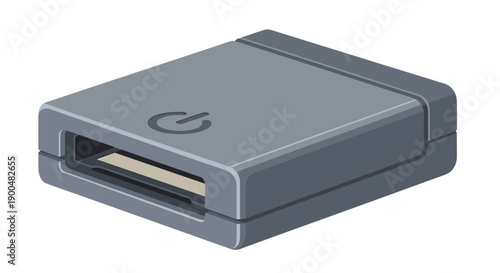 Compact card reader isolated on a white background, featuring a sleek gray design with a subtle power symbol, emphasizing modern technology and portability