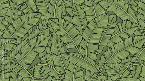 Lush tropical seamless pattern features a dense, organic arrangement of numerous banana leaves in varying shades of green, creating an immersive jungle texture.