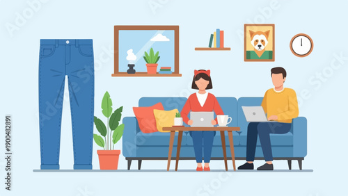 People working on laptops in a living room with denim pants