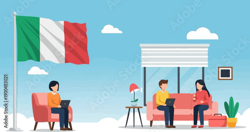 People working on laptops in a modern office with an Italian flag flying