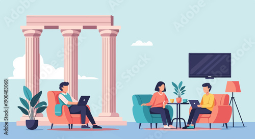 People working on laptops in a modern living room with ancient pillars