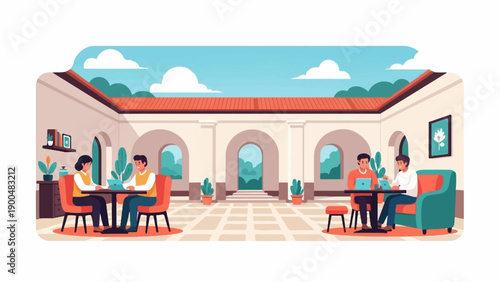 People working on laptops in a sunlit courtyard with arched walkways and potted plants