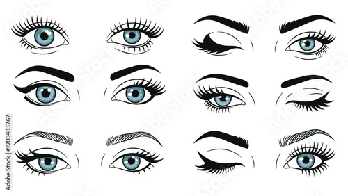 Captivating collection of stylized female eyes, showcasing a range of expressions and diverse makeup styles, perfect for beauty and fashion concepts.