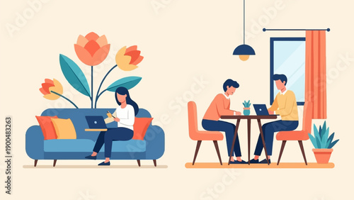 People working on laptops in comfortable home settings with plants and flowers