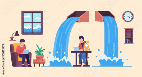 People working on laptops indoors with waterfalls pouring into the room