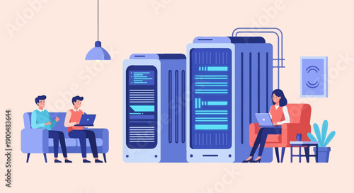 People working on laptops near server racks in a modern office