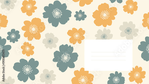 Charming seamless floral pattern features stylized flowers in yellow, dark blue, and light grey, with a practical white rectangular frame for text.