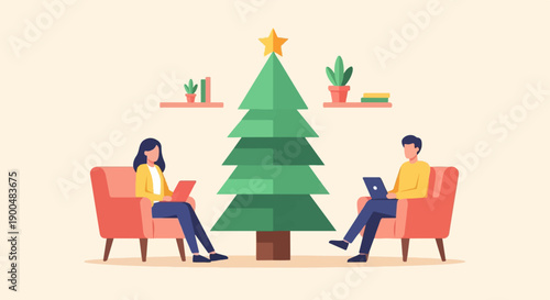 People working on laptops next to a Christmas tree in a cozy room