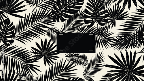 Lush tropical seamless pattern features a dense arrangement of black tropical leaf silhouettes, with a central black rectangular frame for text, perfect for exotic designs.