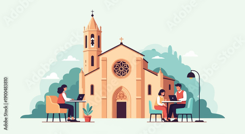 People working on laptops outside a church cafe