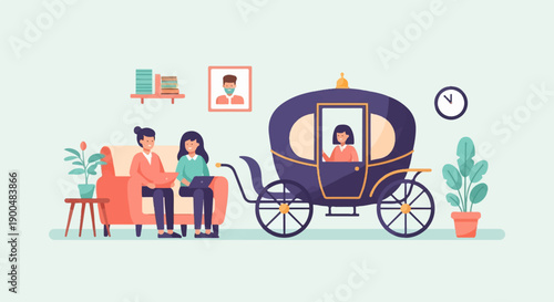 People working on laptops while a carriage awaits, indoors with plants