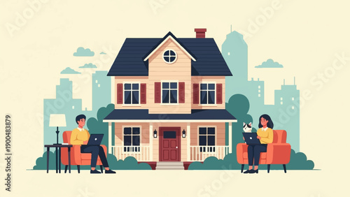 People working on laptops outside a house with city in background