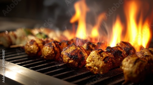 Wallpaper Mural Grilled Skewers of Meat and Vegetables with Flames and Smoke from a Barbecue Barbecue Grilling Cookout Experience in a Home Kitchen Setting Torontodigital.ca