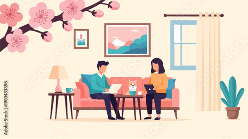 People working on laptops with a dog and spring blossoms in a cozy room