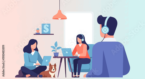 People working on laptops with a dog and a dollar sign decoration