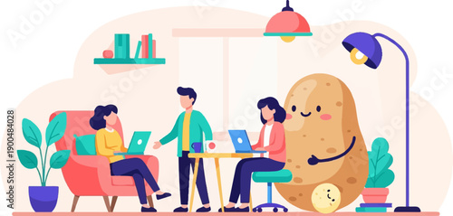 People working on laptops in a cozy room with a giant potato