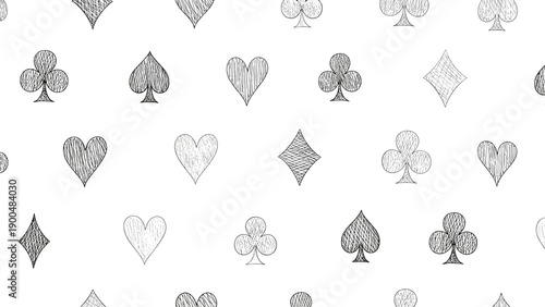 Classic and elegant seamless pattern featuring hand-drawn playing card suits?hearts, spades, diamonds, and clubs?with a subtle textured finish on a white background, ideal for game-themed designs.