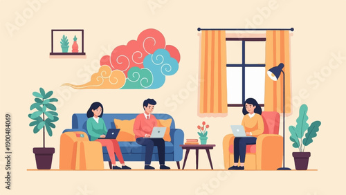 People working on laptops in a cozy room with plants and clouds