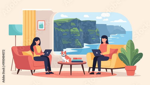 People working on laptops in a cozy room with a scenic ocean cliff view