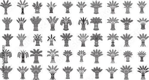 Collection of various wheat and grain bundles in simple line art style on white background