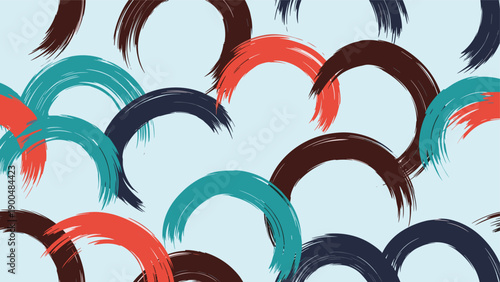 Vibrant and dynamic seamless pattern featuring numerous hand-drawn brush stroke crescents in a lively palette of blue, orange, red, and brown on a soft light blue background.