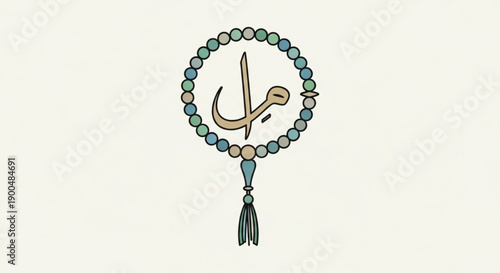 Islamic prayer beads tasbih with arabic calligraphy symbol