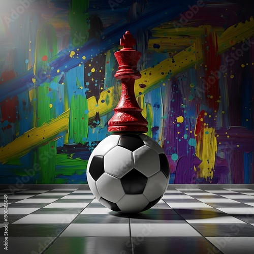 Wallpaper Mural Red chess king piece balances atop a black and white soccer ball against a vibrant abstract background Torontodigital.ca