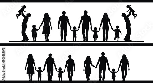 Family silhouettes collection showing parents and children holding hands walking and playing for love parenting togetherness lifestyle vector illustration set