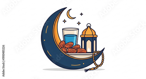 Ramadan crescent moon with dates water lantern and rosary symbolizing iftar