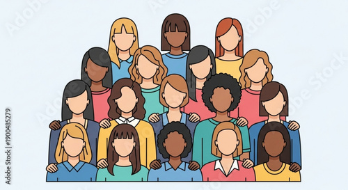 Diverse group of women standing together in unity and solidarity with colorful clothing