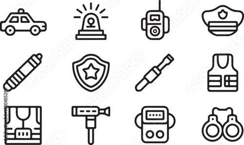 Police Line Icons Set Patrol Car, Siren, Walkie Talkie, Badge, Baton, Body Cam, Vest, Cap, Radar Gun, CCTV, Radio, Handcuffs