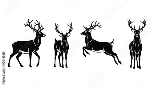 Four black silhouette deer standing in a row on a white background Vector