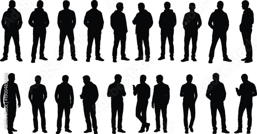 Business men silhouettes collection showing standing walking talking poses for professional corporate people teamwork leadership vector illustration set