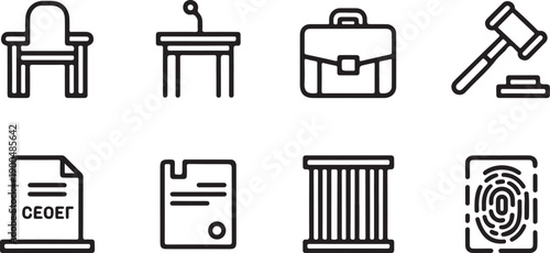 Courtroom Icons Chair, Witness Stand, Briefcase, Gavel, File, Verdict, Prison Bars, Fingerprint