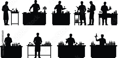 Bartender silhouettes set showing cocktail making serving drinks bar counter scenes for hospitality nightlife alcohol service vector illustration